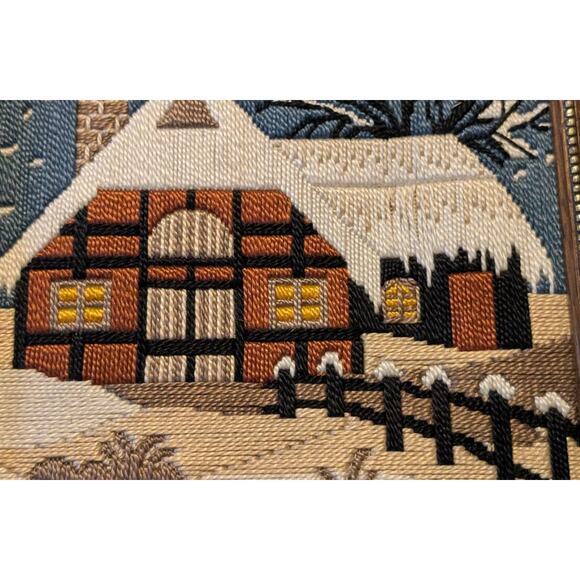 VTG Framed Crewel Longstitch Needlepoint Winter Cabin Rustic Handmade Art 12X12 - Picture 3 of 6